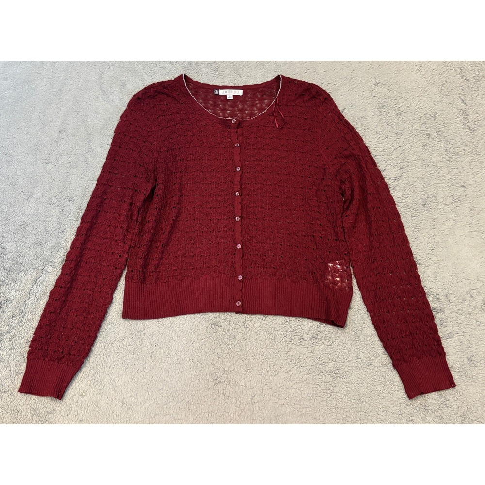 Jennifer Lopez Womens XL Burgundy Pointelle Knit Button Front Cardigan Sweater